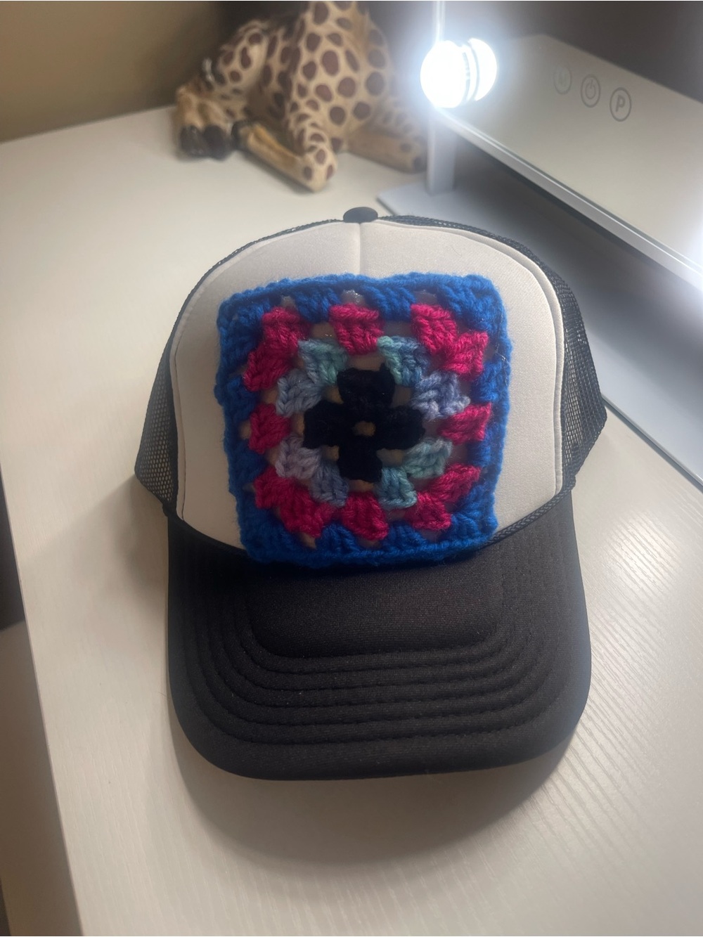 Crochet Patch Trucker Hat - Black & White with Multicolor Crochet